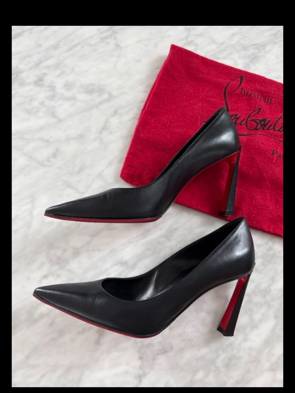 Christian Louboutin Black Leather Pointed Pumps with Red Sole - 3 1/2" Heel - Picture 6 of 8